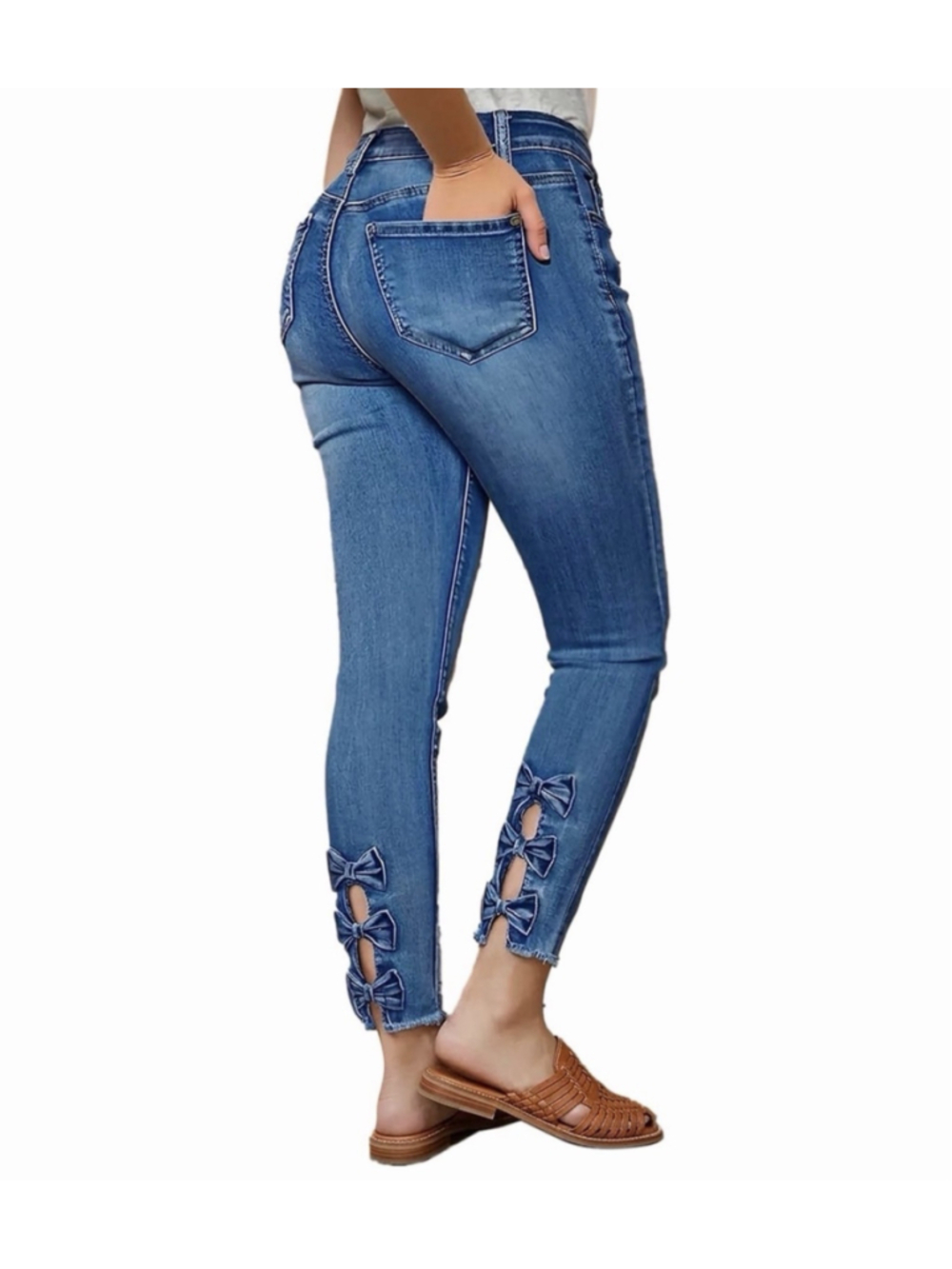 Flamingals Raw Hem Cut Out Bow Tie Mid Waist Crop Skinny Jeans S